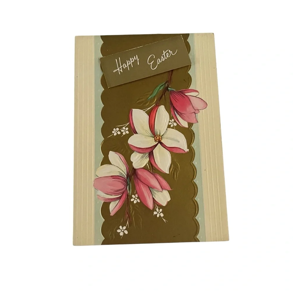 Unused Vintage Easter Greeting Card Pink White Flowers Gold Quaint Shop Original